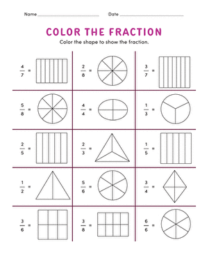 Kids engaging in a Color the Fraction worksheet by coloring shapes based on given fractions