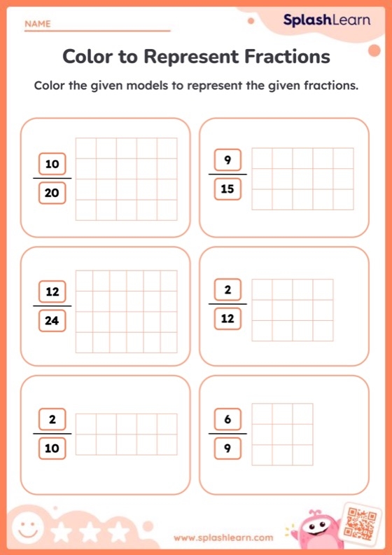 Color the Fraction worksheet for third graders showing shapes to color based on given fractions