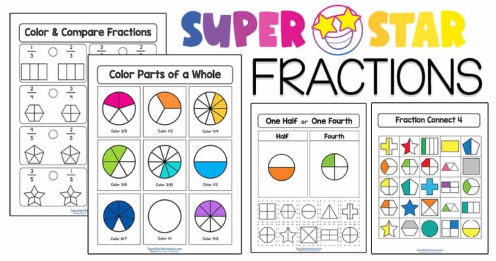 Children coloring shapes to learn about fractions in a Color the Fraction worksheet