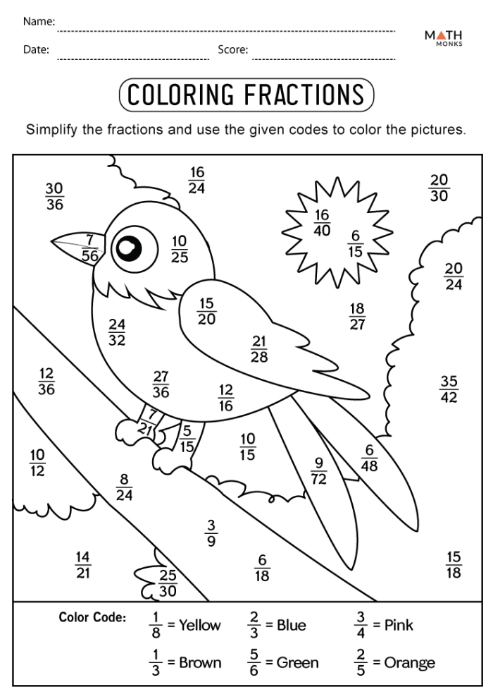 Color the Fraction worksheet for third graders, featuring shapes to color based on assigned fractions
