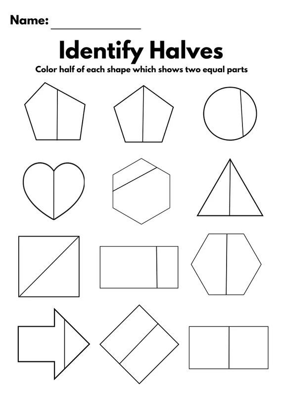 Third grade student coloring parts of geometric shapes on a fraction worksheet