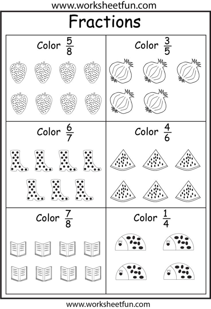 Third grade math worksheet featuring shapes to color for fraction practice