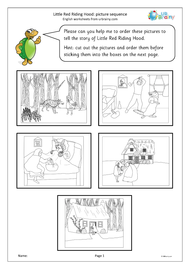 Pre-K worksheet showing a Little Red Riding Hood scene for children to color after solving addition problems