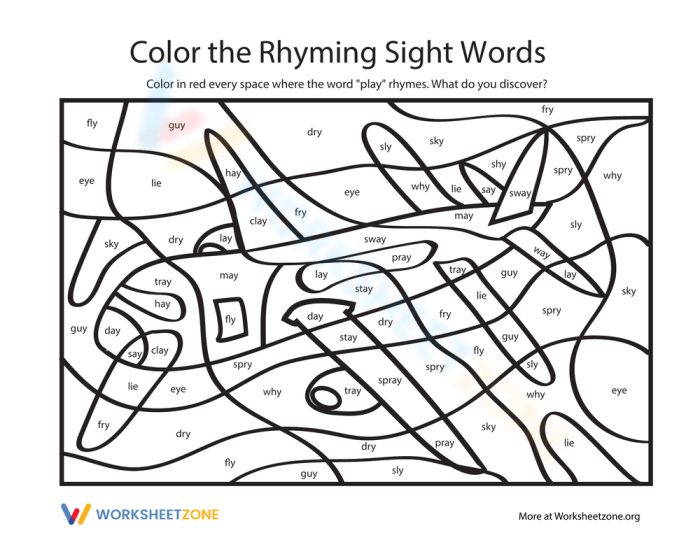 Color the Rhyming Sight Words III activity for first grade English Language Arts Worksheet featuring rhyming sight words for first graders to color and reveal a picture