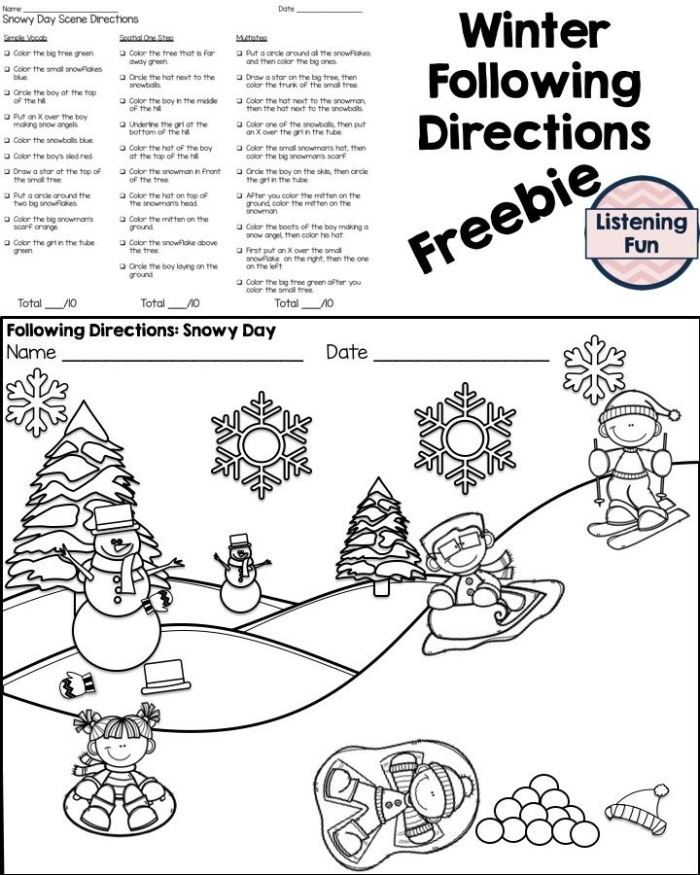 A cheerful boy constructs a snowman in a winter landscape filled with snow. Color the Snowman worksheet for kindergarten students.