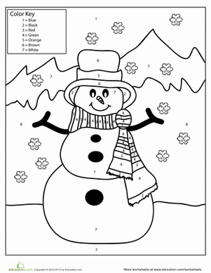 A cheerful boy constructs a snowman in a picturesque winter landscape for a Color the Snowman worksheet. Engaging winter scene for kindergarten students featuring a snowman and a playful child.