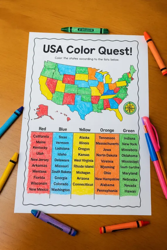 Third grade student coloring a United States map to show home state and travel destinations on geography worksheet 14