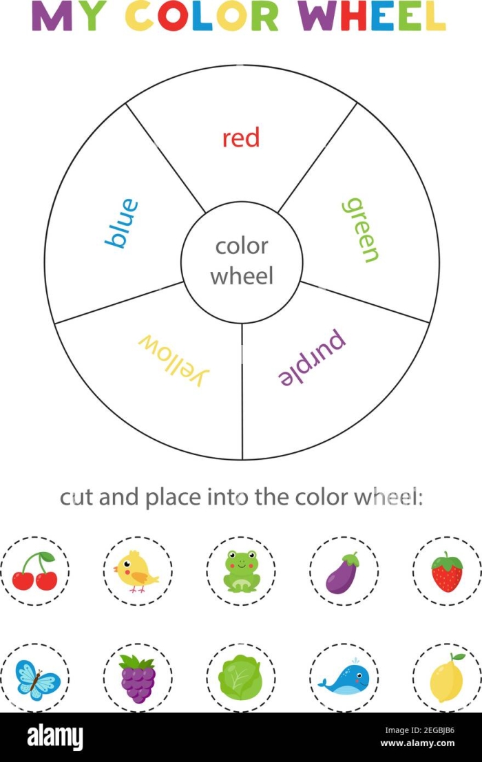 Color Wheel for Kids worksheet displaying primary, secondary, and tertiary colors for third graders