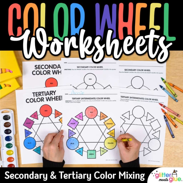 Color Wheel for Kids worksheet illustrating primary, secondary, and tertiary colors for third graders