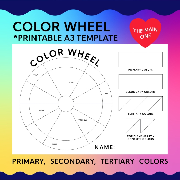 Color Wheel for Kids worksheet illustrating primary, secondary, and tertiary colors for third graders