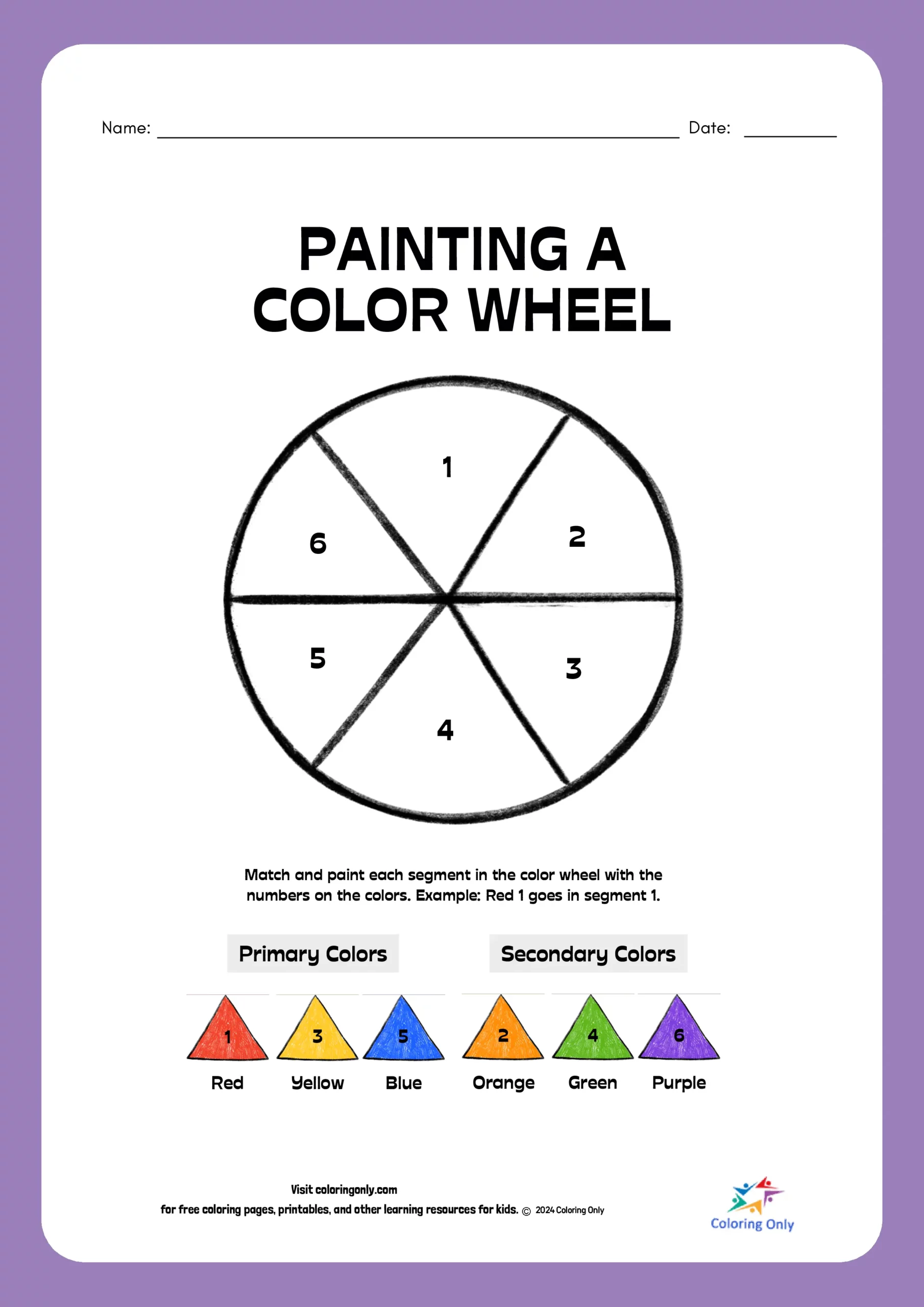 Color Wheel for Kids worksheet illustrating primary, secondary, and tertiary colors for third graders