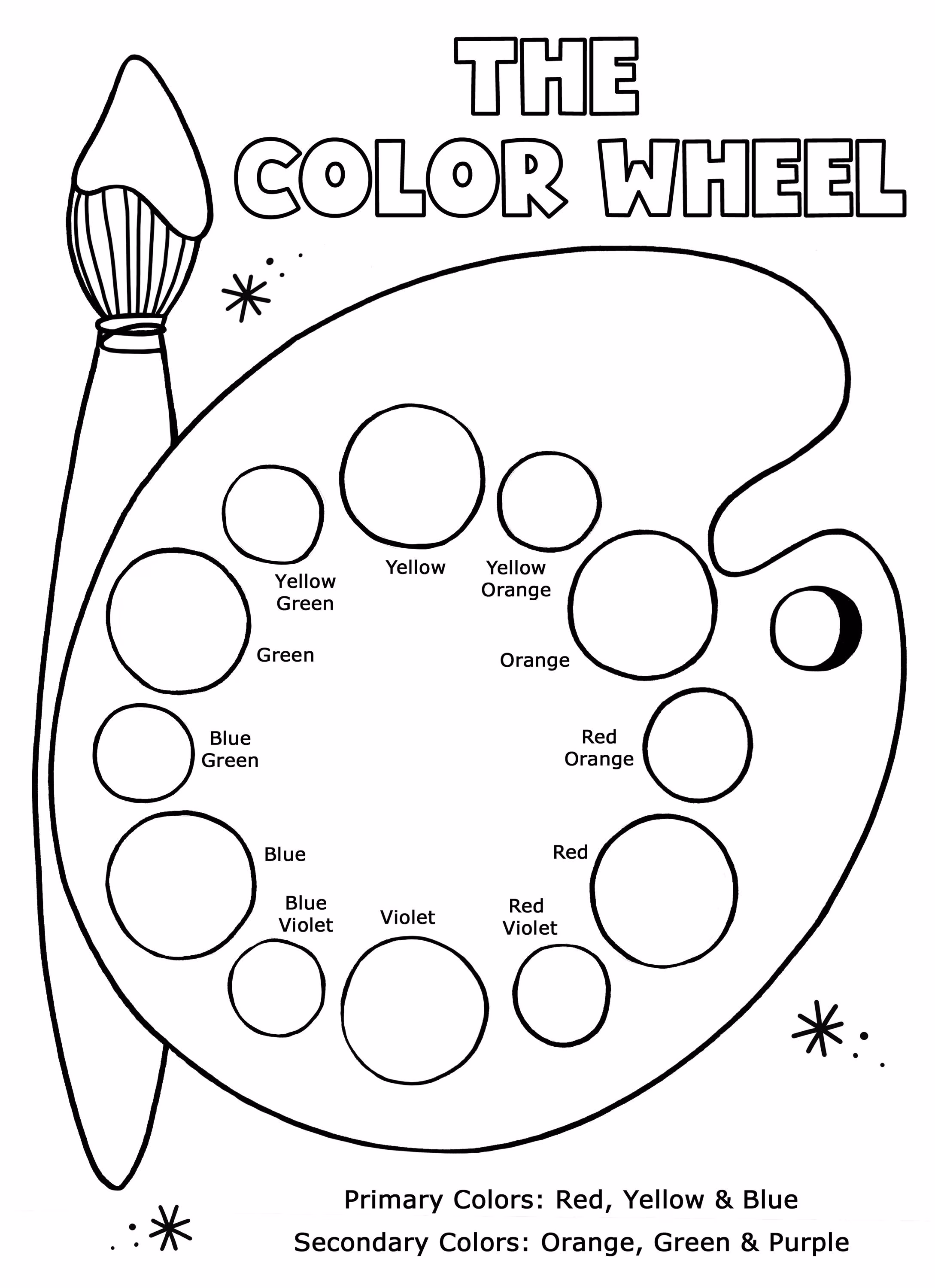 Color Wheel for Kids worksheet featuring primary, secondary, and tertiary colors for third graders