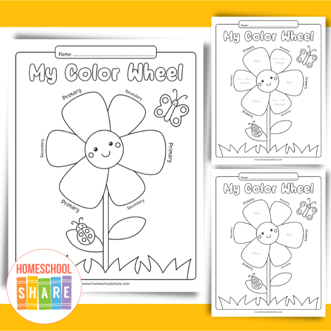 Color Wheel for Kids worksheet illustrating primary, secondary, and tertiary colors