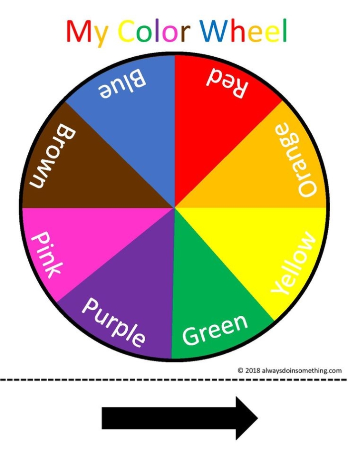 Third grade student worksheet featuring a colorful diagram of the color wheel with primary secondary and tertiary sections