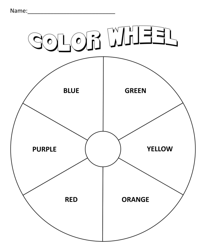 Third grade science worksheet featuring a vibrant color wheel diagram with primary secondary and tertiary labels