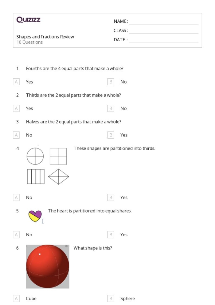 Visual guide for practicing fractions with shapes in a worksheet Colorful shapes illustrating fractions of 1/4 for first graders