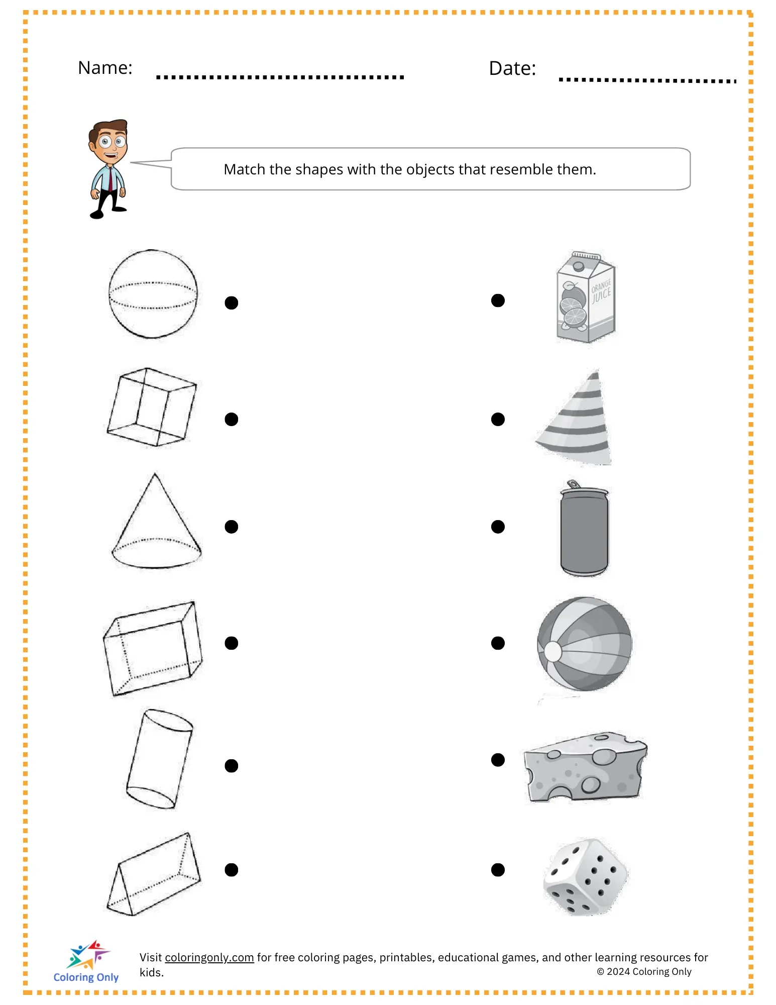 A colorful illustration of four 3D geometric shapes labeled as a sphere, cube, cone, and cylinder for young learners