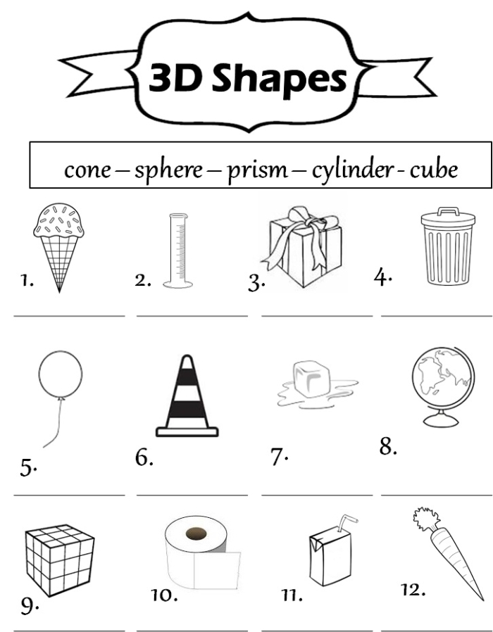 Colorful worksheet featuring 3D geometric shapes for first graders to explore