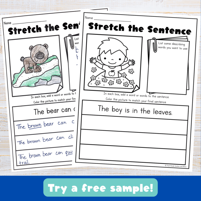Colorful Stretching Sentences worksheet designed for first graders to enhance their writing with details. Engaging prompts to help young learners expand their sentences creatively.