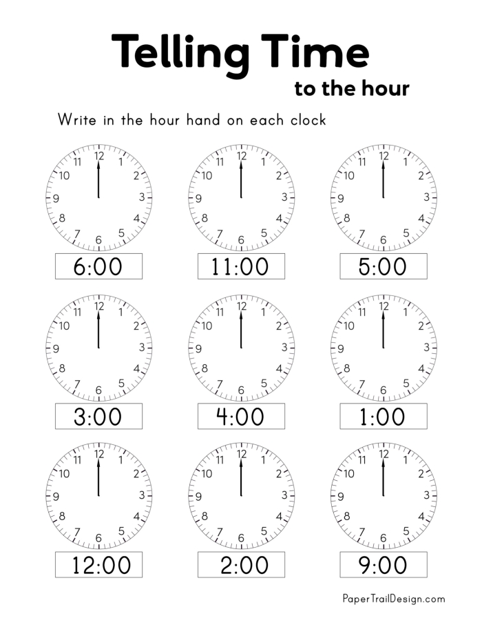 Colorful worksheet for first graders practicing telling time to the hour on an analog clock