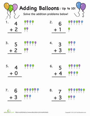 Colorful worksheet featuring balloons to teach addition up to 10 for kindergarteners