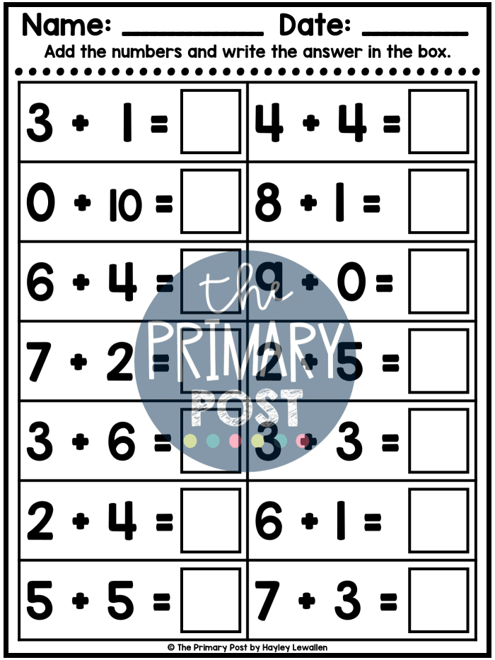 Colorful worksheet featuring addition problems with balloons and cupcakes for kindergarten students