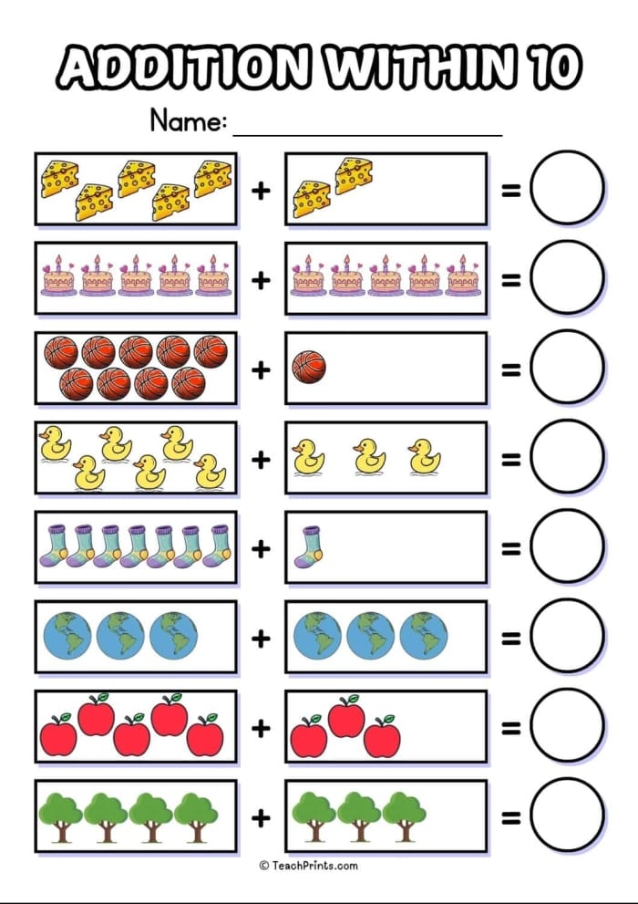 Colorful addition worksheet for kindergarten featuring balloons and cupcakes to practice sums up to 10