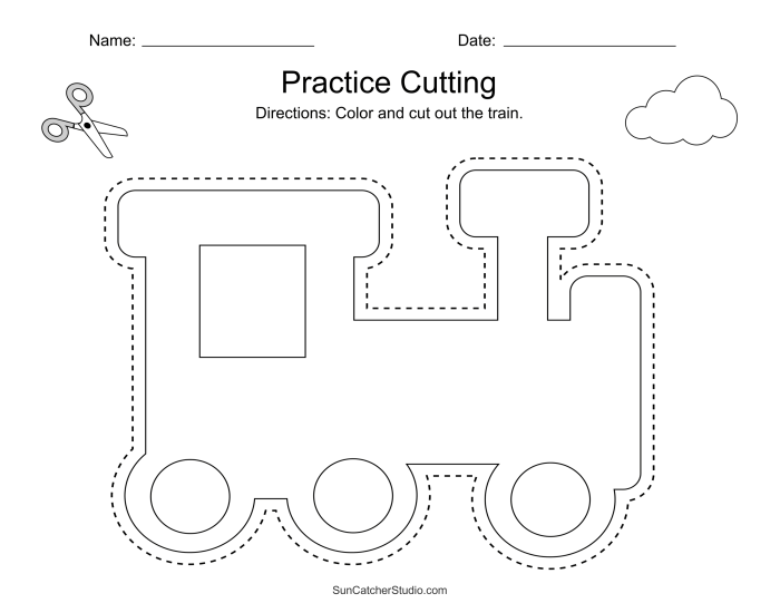 Fun cutting practice worksheet featuring an airplane for Pre-K kids Colorful airplane worksheet for preschool cutting practice in the sky