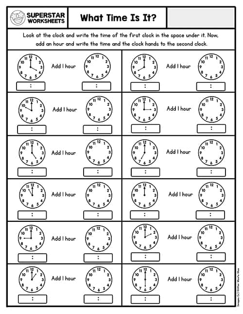 Colorful worksheet for first graders to practice telling time to the hour on an analog clock
