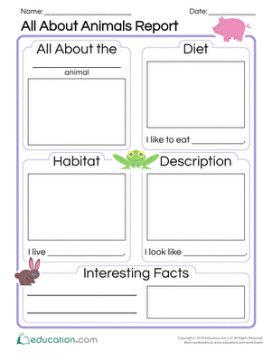 All About Animals Report worksheet for young learners Colorful worksheet for kindergarten students to create an animal report