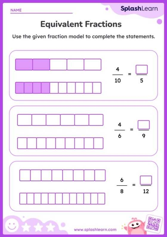 A colorful worksheet featuring bar models to teach fourth graders about equivalent fractions