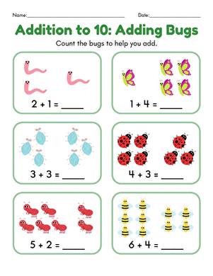 Engaging bug-themed worksheet designed for early math learners Colorful Buzzing Bugs Addition worksheet for kindergarten students practicing addition within 10