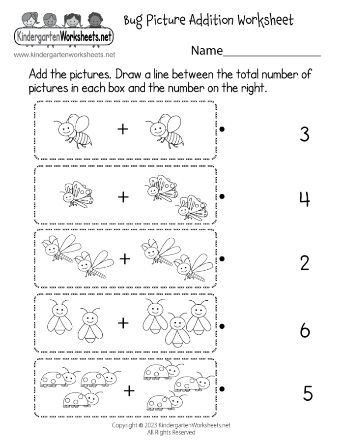 Fun bug-themed addition practice for kids under 10 Colorful Buzzing Bugs Addition worksheet for kindergarten students
