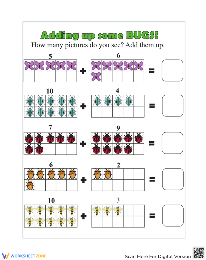 Engaging bug-themed math worksheet designed for young learners in geometry Colorful Buzzing Bugs Addition worksheet for kindergarten students practicing addition within 10