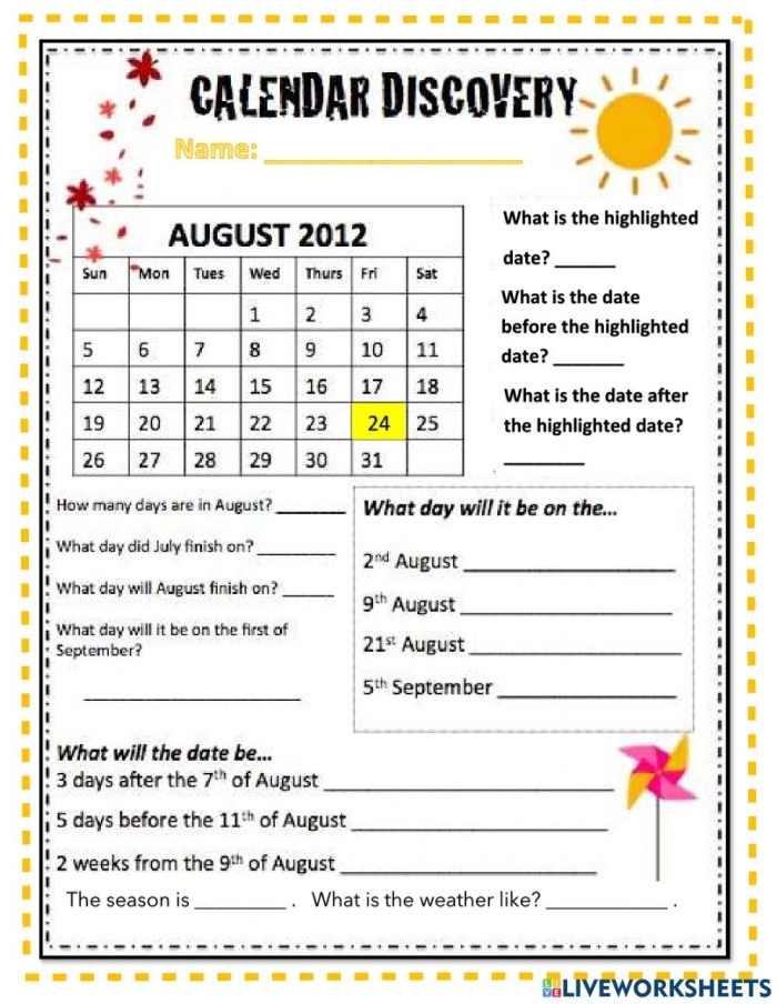 Engaging activity for children to learn about calendars and dates Colorful calendar worksheet for first graders to practice reading and answering questions