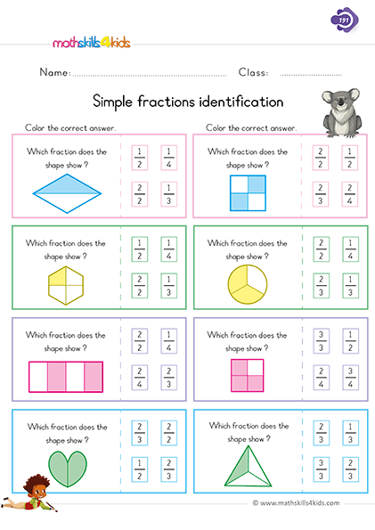 Engaging Simple Fraction Problems worksheet designed to make math fun and educational for children Colorful worksheet featuring cartoon characters solving simple fraction problems for fourth graders