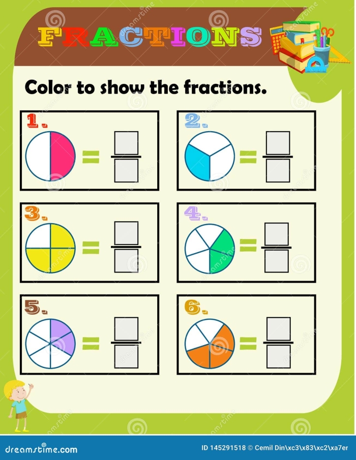 Fun and interactive simple fractions worksheet for fourth-grade students Colorful worksheet featuring cartoon characters that engage fourth graders in solving simple fraction problems