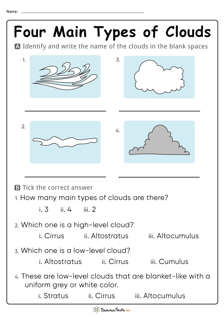 Educational worksheet on different cloud types for kids in second grade Colorful illustration of various types of clouds for a second-grade worksheet