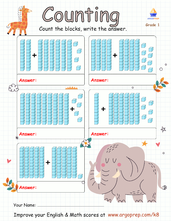 Engaging educational resource for young learners in Earth and Space Science Colorful Count and Add Blocks worksheet designed for first graders learning to add two-digit and one-digit numbers