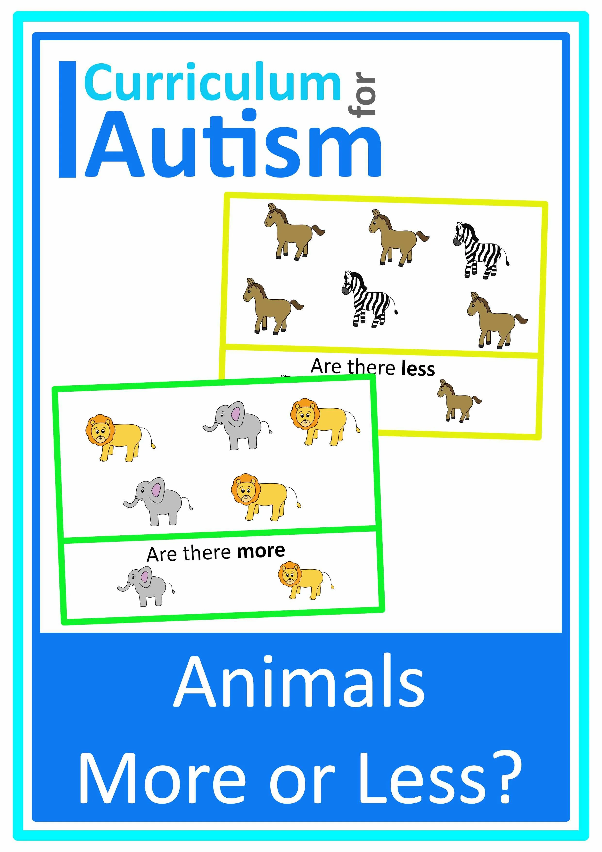 Colorful More or Less Animals worksheet for preschool counting practice