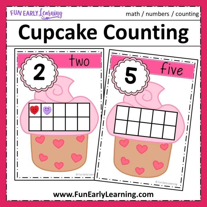 Colorful Counting Cupcakes worksheet for Pre-K students to practice addition