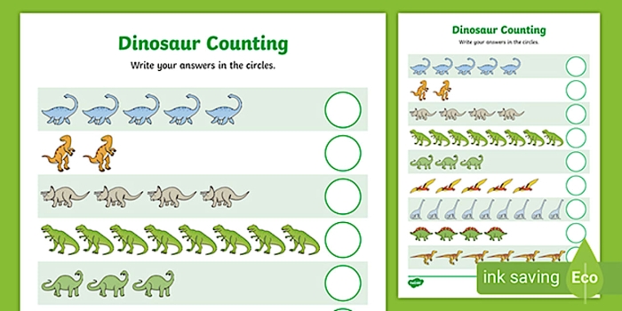 Counting Dinosaurs worksheet: Engage young readers with fun dinosaur illustrations Colorful Counting Dinosaurs worksheet for Pre-K learners to practice numbers