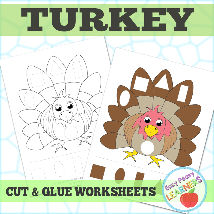 Colorful Cut-and-Paste Turkey worksheet for kindergarten students to create a festive decoration
