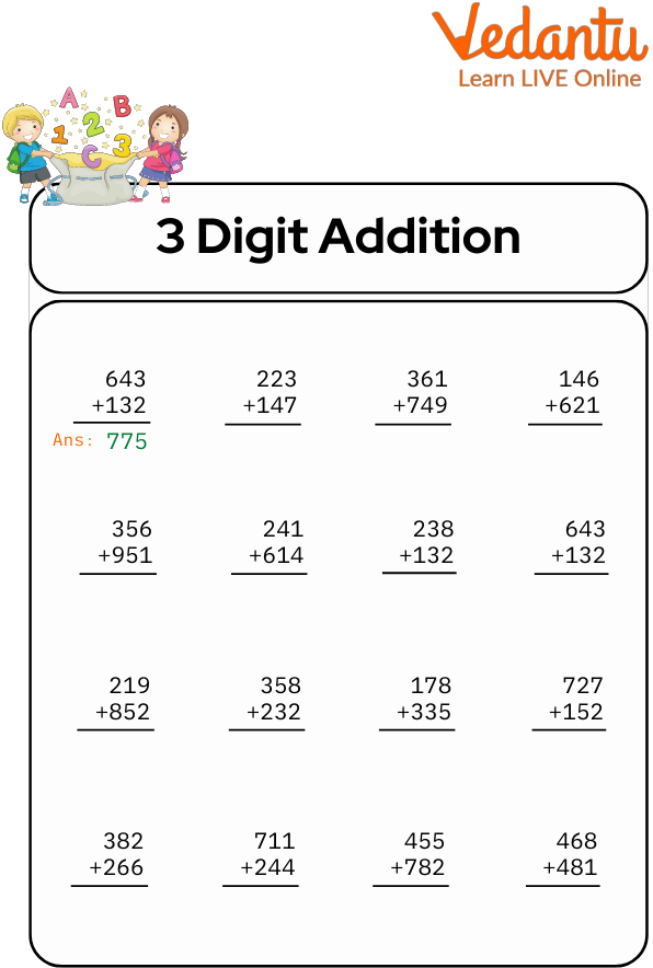 Colorful worksheet featuring 3-digit addition word problems with dinosaurs for second graders