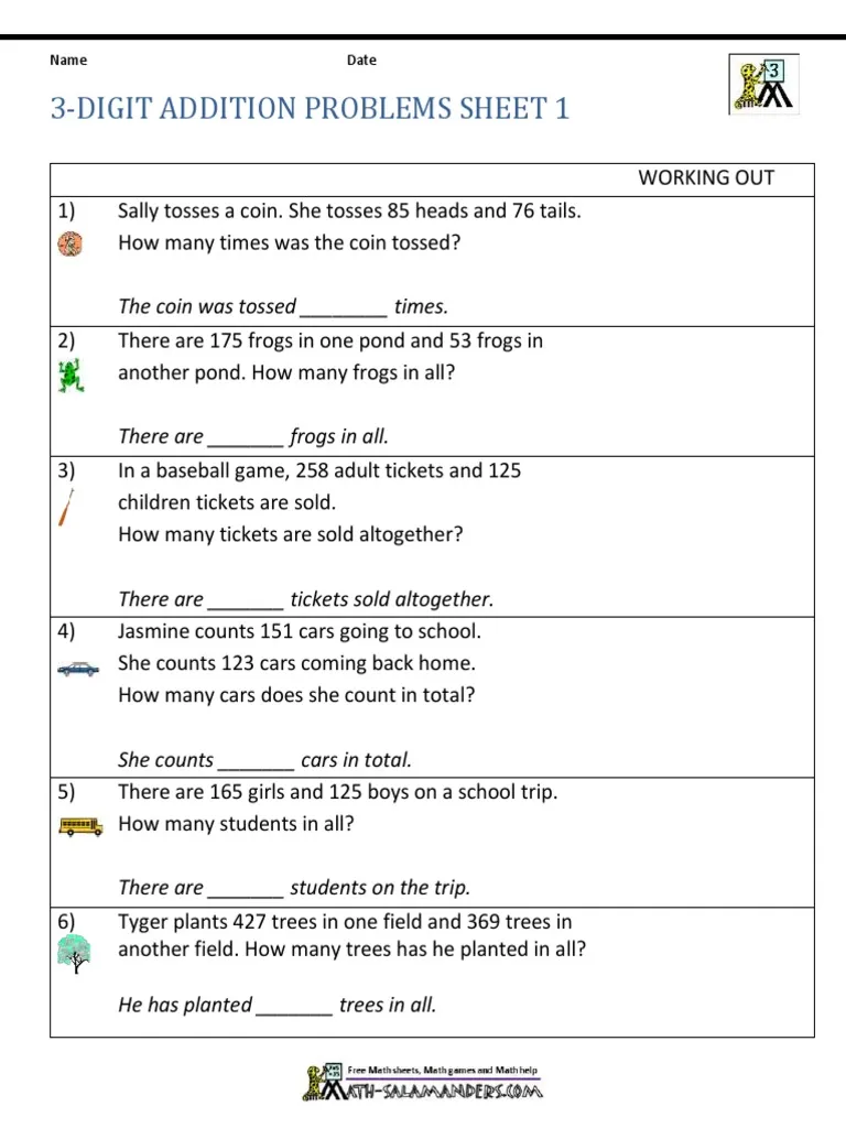 Colorful worksheet featuring 3-digit addition word problems with dinosaurs for second graders