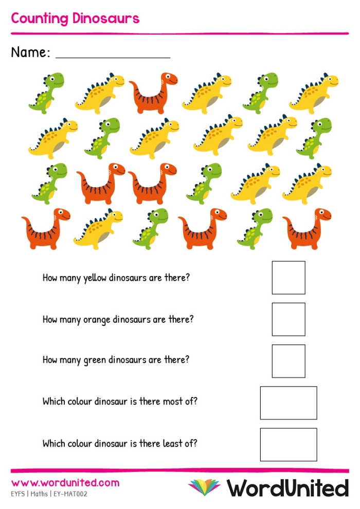 Engaging dinosaur counting activity for young readers and math enthusiasts Colorful Counting Dinosaurs worksheet for Pre-K learners to practice numbers