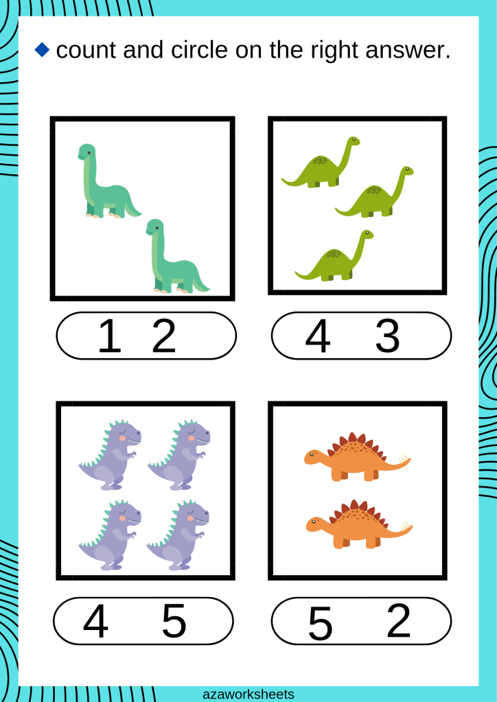 Engaging image of a dinosaur counting worksheet designed for early childhood education Colorful Counting Dinosaurs worksheet for Pre-K learners to practice two-digit numbers
