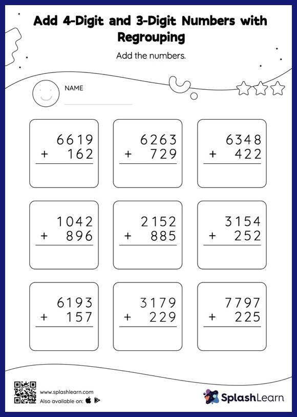 Engaging math practice sheet featuring 4-digit addition problems for young learners Colorful Easter-themed 4-digit addition worksheet for third graders to enhance their math skills
