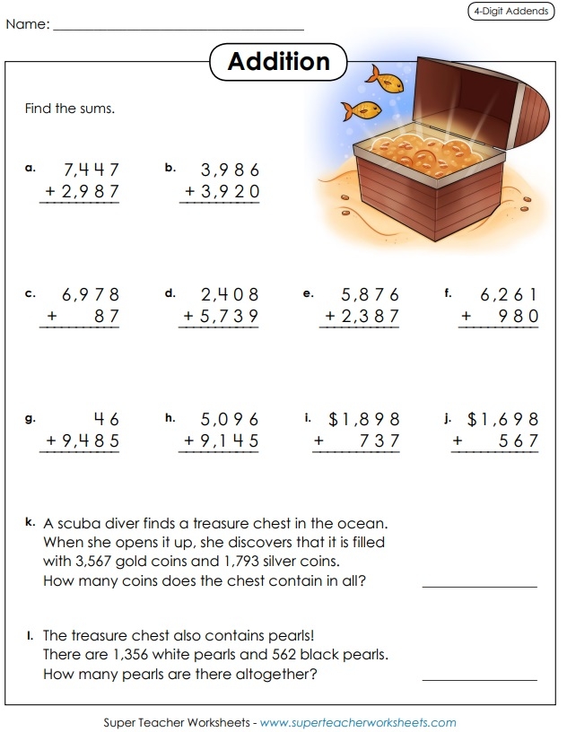 Interactive math practice sheet featuring 4-digit addition designed for third-grade students Colorful Easter-themed worksheet for practicing 4-digit addition with engaging visuals for third graders