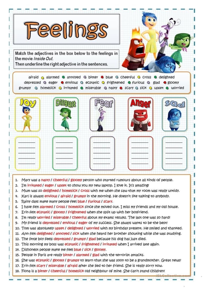 Colorful Range of Emotions worksheet designed for kindergarten students to explore feelings.